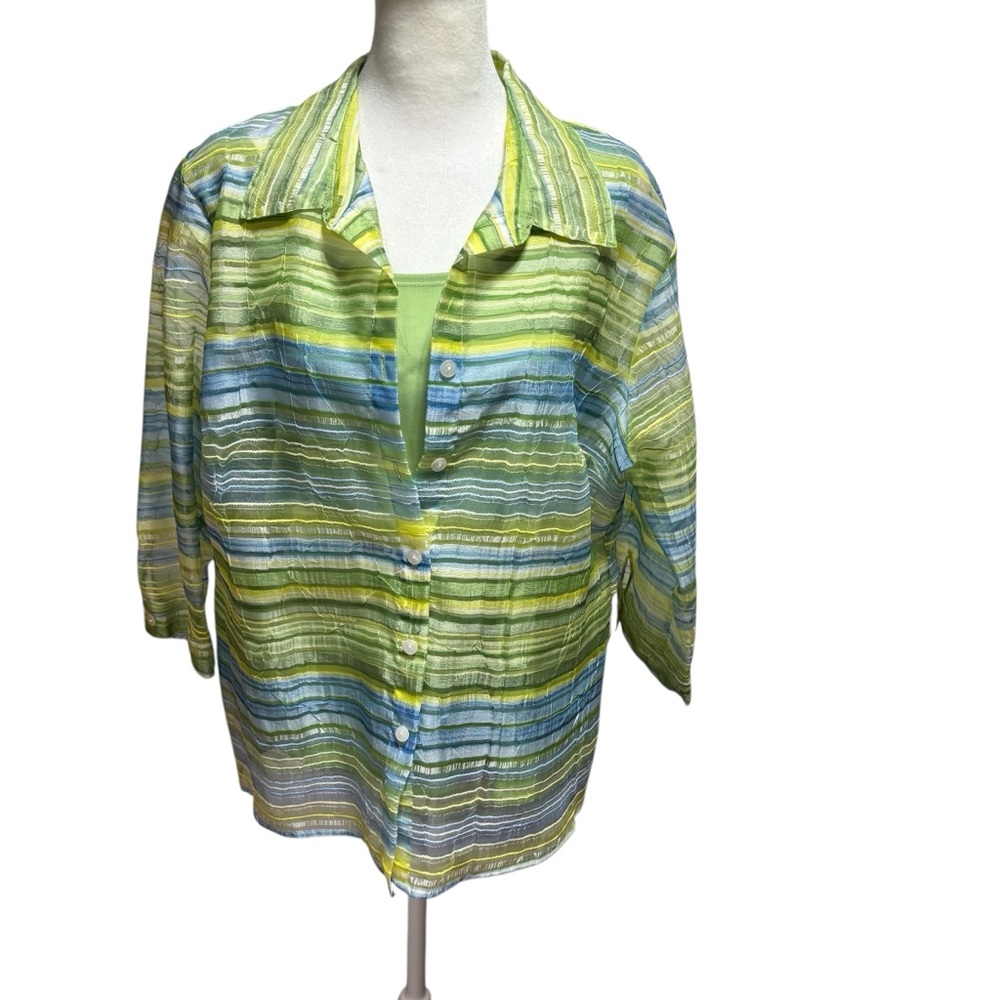 Elementz Womens 2 Piece Set Green Blue Striped Button Shirt and Tank  Large #559